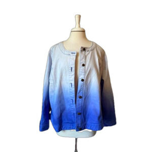 Jessica London Women's Plus 22W Coastal Boho Collarless Ombre Blue Denim Jacket